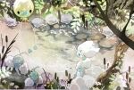  altaria alternate_color commentary_request day drifloon flower gen_3_pokemon gen_4_pokemon highres kamonabe_(kamonabeekon) leaf no_humans outdoors pokemon pokemon_(creature) rock shiny_pokemon stream swablu traditional_media tree_branch water watercolor_(medium) white_flower 