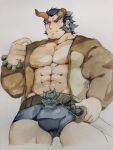  1boy abs ass_visible_through_thighs bara bare_pectorals blue_male_underwear blush boxer_briefs broken_horn bulge cropped_legs dark_blue_hair demon_boy demon_horns facial_hair fang fiery_horns forked_eyebrows guoguo horns jacket large_pectorals lifted_by_self long_sideburns male_focus male_underwear mature_male muscular muscular_male navel nipples open_clothes open_jacket pectorals short_hair sideburns solo stomach stubble sword takemaru_(tokyo_houkago_summoners) thick_eyebrows thick_thighs thighs tokyo_houkago_summoners traditional_media underwear undressing weapon 