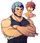  2boys absurdres alternate_facial_hair bara bare_shoulders beard black_tank_top blue_eyes blue_hair blush covered_abs crossed_arms embarrassed eros_(erosdoesadraw) facial_hair fins fish_boy highres huge_filesize male_focus master_4_(tokyo_houkago_summoners) mature_male multiple_boys muscular muscular_male pectorals shirt short_hair sideburns smile tank_top tight tight_shirt tokyo_houkago_summoners triton_(tokyo_houkago_summoners) upper_body yaoi 