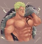  1boy abs bara bare_pectorals blonde_hair chest_tattoo chun_(luxtan) coat cropped_torso fairy_tail holding_coat laxus_dreyar lightning long_sideburns looking_at_viewer male_focus muscular muscular_male naked_coat navel nipples one_eye_closed pectorals short_hair sideburns solo spiked_hair stomach tattoo 