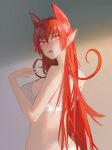  1girl azazel_ameri blush bra breasts curly_hair fang from_behind hands_up highres horns large_breasts long_hair looking_at_viewer looking_back mairimashita!_iruma-kun noccu open_mouth parted_lips pointy_ears red_eyes red_hair solo underwear upper_body white_bra 