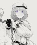  1boy 1girl azur_lane bangs blindfold blush breasts chain chapayev_(azur_lane) collar commander_(azur_lane) femdom geso_smith gloves greyscale hair_ornament hairclip hat highres holding holding_chain jacket large_breasts long_sleeves military_hat mole mole_on_breast monochrome purple_eyes short_hair simple_background smile spot_color upper_body 