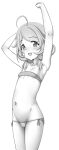  1girl :d ahoge armpits arms_up bandeau bangs bare_arms bare_shoulders bikini blush commentary_request greyscale groin hair_over_shoulder highres idolmaster idolmaster_cinderella_girls long_hair looking_at_viewer low_twintails micro_bikini monochrome navel open_mouth parted_bangs short_twintails side-tie_bikini simple_background smile solo strapless strapless_bikini swimsuit testa twintails white_background yusa_kozue 