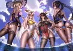  4girls ass ass_focus bare_hips bare_shoulders beidou_(genshin_impact) bikini black_hair blonde_hair blue_swimsuit bodystocking breasts cleavage cleavage_cutout clothing_cutout curvy elbow_gloves genshin_impact gloves hair_ornament hair_ribbon hand_on_hip highres large_breasts liang_xing lisa_(genshin_impact) looking_at_viewer mona_(genshin_impact) multiple_girls ningguang_(genshin_impact) purple_swimsuit red_lips red_swimsuit ribbon skin_tight skindentation spread_ass sweat swimsuit thigh_gap thighhighs thighs water wet white_hair white_swimsuit 