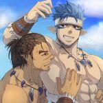  2boys abs bara bare_pectorals beard black_tribe blue_tribe couple dark-skinned_male dark_skin facial_hair feather_necklace grabbing headband interracial katoributa_a magatama magatama_necklace male_focus mature_male multiple_boys muscular muscular_male nipple_tweak nipples pectoral_grab pectorals pointy_ears scar scar_on_face scar_on_nose short_hair sideburns sky smile smirk stubble tokyo_houkago_summoners tribal upper_body yaoi 