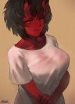  1girl black_hair breasts colored_skin fingernails horns kidouko_(zakusi) large_breasts looking_at_viewer oni orange_eyes original red_oni red_skin shirt short_hair short_sleeves signature smile solo symbol_commentary upper_body white_shirt yellow_background zakusi 