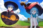  2girls absurdres bangs blue_eyes blue_hair bowl bowl_hat grass hat heterochromia highres in_bowl in_container knees_up multiple_girls needle nerkia open_mouth red_eyes sitting sky sukuna_shinmyoumaru tatara_kogasa tongue touhou umbrella wasp 