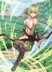  1girl absurdres arrow_(projectile) bare_shoulders belt bikini black_gloves boots bow_(weapon) braid breasts brown_footwear cleavage closed_mouth crop_top crotchless crotchless_pants day detached_sleeves drawing_bow elf floating_hair full_body gloves green_eyes green_hair green_pants halter_top halterneck highres holding holding_bow_(weapon) holding_weapon knee_boots large_breasts leg_belt long_hair long_sleeves looking_at_viewer midriff navel original outdoors pants pointy_ears rebutsu revealing_clothes river sidelocks single_braid single_glove solo stomach swimsuit weapon white_bikini 