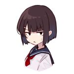  1girl bangs black_eyes black_hair bow bowtie eyebrows_behind_hair eyebrows_visible_through_hair hair_ornament hairclip jazztaki looking_at_viewer original school_uniform serafuku short_hair simple_background solo sweat upper_body white_background 