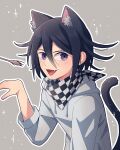  1boy :d absurdres animal_ear_fluff animal_ears bangs black_hair black_scarf cat_boy cat_ears cat_tail checkered checkered_neckwear checkered_scarf cheer_(cheerkitty14) danganronpa_(series) danganronpa_v3:_killing_harmony english_commentary extra_ears fang grey_background grey_hoodie hair_between_eyes hand_up highres hood hoodie long_sleeves looking_at_viewer male_focus open_mouth ouma_kokichi outline purple_eyes scarf smile solo sparkle straitjacket tail upper_body white_outline white_scarf 