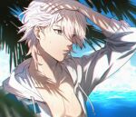  1boy bangs blurry collarbone danganronpa_(series) danganronpa_2:_goodbye_despair danganronpa_s:_ultimate_summer_camp dated depth_of_field hair_between_eyes hand_on_own_head hood hood_down hoodie jacket komaeda_nagito long_sleeves male_focus meipoi ocean official_alternate_costume open_clothes open_jacket open_mouth palm_tree sleeves_past_elbows solo symbol_commentary tree twitter_username upper_body white_hair white_jacket 