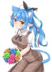  1girl ahoge animal_ear_fluff animal_ears bangs black_bow black_ribbon blue_flower blue_hair blue_rose blush bouquet bow braid braided_bangs breasts brown_dress brown_eyes brown_hair brown_rose cat_ears cat_girl cat_tail collarbone commentary_request dress eyebrows_visible_through_hair flower fuyuki8208 green_flower green_hair green_rose hair_between_eyes hair_ornament hair_ribbon hairclip heart_ahoge highres holding holding_bouquet hololive long_hair medium_breasts multicolored_hair plaid plaid_dress pointy_ears ponytail puffy_short_sleeves puffy_sleeves purple_flower purple_rose ribbon rose shirt short_sleeves simple_background sleeveless sleeveless_dress solo streaked_hair tail very_long_hair virtual_youtuber white_background white_shirt x_hair_ornament yukihana_lamy 