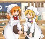  114514 2girls ;d alternate_costume apron azusa_(cookie) bangs bar black_skirt blush bottle bow braid chopsticks commentary_request cookie_(touhou) cowboy_shot cup eyebrows_visible_through_hair hair_between_eyes hair_bow head_scarf holding holding_tray indoors izakaya kirisame_marisa knb_(nicoseiga53198051) long_hair looking_at_viewer menu menu_board multiple_girls one_eye_closed open_mouth orange_eyes orange_hair plate rei_(cookie) sake_bottle side_braid single_braid skirt smile touhou tray white_apron white_bow white_headwear yellow_eyes yunomi 