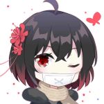  1girl antenna_hair bangs bug butterfly flower gou_lianlian_dogface hair_between_eyes hair_flower hair_ornament honkai_(series) honkai_impact_3rd insect looking_at_viewer mask mouth_mask one_eye_closed red_butterfly red_eyes red_flower red_hair scarf seele_(alter_ego) seele_vollerei short_hair simple_background solo white_background 