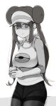  1girl bangs breasts cup disposable_cup double_bun doughnut_hair_bun geso_smith greyscale hair_between_eyes hat highres holding holding_cup large_breasts long_hair monochrome no_pants panties panties_under_pantyhose pantyhose poke_ball_print pokemon pokemon_(game) pokemon_bw2 raglan_sleeves rosa_(pokemon) shaded_face shirt sidelocks simple_background smile solo thighband_pantyhose twintails underwear visor_cap 