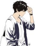  1boy artist_logo bag bangs black_hair closed_mouth collarbone from_side green_eyes grey_jacket hand_in_hair hand_up highres hyouka jacket long_sleeves male_focus mery_(yangmalgage) oreki_houtarou profile shirt short_hair signature simple_background sleeves_past_elbows solo upper_body watch white_background wristwatch 