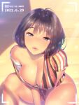  1girl a.x. bare_shoulders between_legs breasts brown_hair cleavage clothes_removed hand_between_legs highres large_breasts lips looking_at_viewer original parted_lips plump seductive_smile short_hair sitting smile solo thick_thighs thighs 
