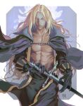  1boy abs alucard_(castlevania) bishounen blonde_hair bonnie_tang cape castlevania castlevania:_symphony_of_the_night castlevania_iii:_dracula&#039;s_curse gloves long_hair looking_at_viewer male_focus muscular silver_hair simple_background solo sword weapon 