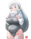  1girl blue_eyes breasts clothes_lift covered_navel curvy earrings geso_smith grey_hair grey_leotard hat highres jewelry large_breasts leotard long_hair mature_female melony_(pokemon) muskmelon plump pokemon pokemon_(game) pokemon_swsh ribbed_leotard ring simple_background smile solo sparkle sweater sweater_lift turtleneck_leotard wedding_band white_background white_headwear white_sweater 