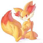  :3 ancesra animal_ear_fluff animal_focus artist_name claws closed_mouth commentary english_commentary fennekin full_body gen_6_pokemon hand_up highres looking_at_viewer mixed-language_commentary no_humans patreon_username pawpads pokemon pokemon_(creature) red_eyes sideways_mouth simple_background sitting solo watermark web_address white_background yellow_theme 