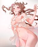  animal_ears arknights bottomless breasts eyjafjalla_(arknights) garter horns leiq nipples no_bra open_shirt pussy see_through uncensored 