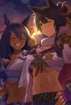  2girls absurdres bandaid bandaid_on_nose black_hair breasts fingerless_gloves gloves grin hand_on_hip highres hishi_amazon_(umamusume) large_breasts long_hair midriff mouth_hold multiple_girls narita_brian_(umamusume) navel ponytail sarashi seisei_tamago smile stalk_in_mouth sweat twilight umamusume 