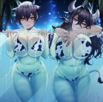  2girls against_glass animal_ears animal_print bangs bikini black_hair black_nails blueorca breast_press breasts brown_eyes chinese_zodiac choker cow_ears cow_girl cow_horns cow_print cow_tail glass_wall hair_between_eyes highres horns huge_breasts jewelry large_breasts long_hair messy_hair multiple_girls nail_polish navel night night_sky original palm_tree pendant pendant_choker pool purple_eyes short_hair sky swimsuit symbol_commentary tail tree year_of_the_ox 