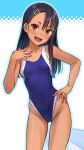  1girl asymmetrical_bangs bangs bare_shoulders black_hair blue_swimsuit blush brown_eyes collarbone competition_swimsuit covered_navel dark-skinned_female dark_skin ear_clip fang hair_ornament hairclip hand_on_hip hand_on_own_chest highleg highleg_swimsuit highres ijiranaide_nagatoro-san kawakami_rokkaku long_hair looking_at_viewer multicolored multicolored_clothes multicolored_swimsuit nagatoro_hayase one-piece_swimsuit one-piece_tan open_mouth short_eyebrows skin_fang smile solo swimsuit tan tanline two-tone_swimsuit 