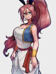 1girl android_21 animal_ears blue_eyes bracelet breasts bulma bulma_(cosplay) bunny_ears choker cleavage cosplay dragon_ball dragon_ball_(classic) dragon_ball_fighterz fake_animal_ears glasses grey_background jewelry kemachiku long_hair looking_at_viewer medium_breasts ponytail red_hair simple_background smile solo yellow_choker 
