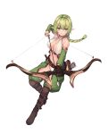  1girl arrow_(projectile) bare_shoulders belt bikini black_gloves boots bow_(weapon) braid breasts brown_footwear cleavage closed_mouth crop_top crotchless crotchless_pants detached_sleeves drawing_bow elf floating_hair full_body gloves green_eyes green_hair green_pants halter_top halterneck highres holding holding_bow_(weapon) holding_weapon knee_boots large_breasts leg_belt long_hair long_sleeves looking_at_viewer midriff navel original pants pointy_ears rebutsu revealing_clothes sidelocks simple_background single_braid single_glove solo stomach swimsuit weapon white_background white_bikini 