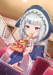  1girl arimoto_wataru bangs blue_eyes blue_hair blush eating food gawr_gura highres holding holding_food holding_pizza hololive hololive_english hood hoodie looking_at_viewer multicolored_hair open_mouth pizza sharp_teeth silver_hair smile solo streaked_hair teeth virtual_youtuber 