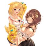  2girls absurdres bangs bare_shoulders blonde_hair braid breasts brown_hair cleavage collarbone frilled_shirt frills highres hololive honkivampy inugami_korone large_breasts looking_at_viewer looking_to_the_side multicolored multicolored_eyes multiple_girls open_mouth shirt side_braid smile standing watson_amelia 