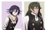  2boys ahoge alternate_costume bangs black_vest blue_background brown_background buttons checkered checkered_scarf cheer_(cheerkitty14) danganronpa_(series) danganronpa_v3:_killing_harmony double-breasted english_commentary flipped_hair glasses gokuhara_gonta green_hair green_scarf hair_between_eyes highres long_hair long_sleeves male_focus multiple_boys ouma_kokichi purple_eyes round_eyewear scarf shirt smile upper_body vest white_scarf white_shirt 