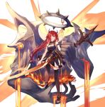  1girl arknights bare_shoulders collar demon_girl demon_horns dress high_heels highres holding holding_weapon horns kneehighs long_hair looking_at_viewer molten_rock pixerite red_hair solo spiked_collar spikes surtr_(arknights) sword weapon 