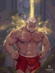  1boy abs bara bare_pectorals beard bulge facial_hair large_pectorals luerstine male_focus mature_male muscular muscular_male navel nipples old old_man open_bodysuit overwatch pectorals reinhardt_(overwatch) reward_available scar scar_across_eye short_hair solo stomach water waterfall wet wet_clothes white_hair 