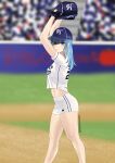  1girl absurdres baseball_cap baseball_jersey baseball_mitt baseball_uniform blue_eyes blue_hair blue_headwear blurry blurry_background breasts choi_seol-hwa eiundmarmalade from_side hat highres hololive hoshimachi_suisei long_hair looking_at_viewer photo-referenced shorts small_breasts solo sportswear twitter_username virtual_youtuber white_shorts 