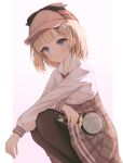  1girl black_legwear blonde_hair blue_eyes breasts detective hair_ornament hat highres holding_magnifying_glass hololive hololive_english holomyth looking_at_viewer monocle_hair_ornament necktie okey pantyhose pleated_skirt shirt short_hair skirt smile solo squatting virtual_youtuber watson_amelia white_shirt 