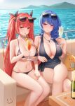  2girls azur_lane bangs bare_arms bare_legs bare_shoulders bikini black_bikini blue_hair blush bracelet breasts cleavage closed_mouth collarbone crossed_legs cup drink drinking drinking_straw eyebrows_visible_through_hair eyewear_on_head feet_out_of_frame hair_ornament highres holding honolulu_(azur_lane) honolulu_(summer_accident?!)_(azur_lane) jewelry large_breasts long_hair looking_at_viewer manjuu_(azur_lane) multiple_girls navel necklace one-piece_swimsuit outdoors purple_eyes red_eyes red_hair sitting smile st._louis_(azur_lane) sunglasses swimsuit thighs twintails water wei_xiao yacht 