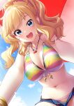  1girl :d absurdres bikini blonde_hair blue_eyes blue_shorts blue_sky breasts cloud commentary_request day eyebrows_visible_through_hair from_below highres idolmaster idolmaster_cinderella_girls jewelry large_breasts long_hair mikapoe multicolored multicolored_bikini multicolored_clothes navel necklace ohtsuki_yui open_mouth outdoors parasol ponytail shorts sky smile solo striped striped_bikini sunlight swimsuit teeth umbrella unbuttoned unbuttoned_shorts upper_teeth 