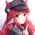  1girl arknights black_headwear braid closed_mouth gou_lianlian_dogface horns index_finger_raised looking_at_viewer necktie pointy_ears portrait red_eyes red_hair sample smile snow snowing solo vigna_(arknights) 