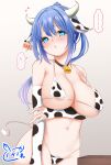  1girl 2021 animal_ears animal_print areolae arm_under_breasts bangs bell blue_eyes blue_hair blush breasts chinese_zodiac commentary_request covered_nipples cow_ears cow_horns cow_print cow_tail embarrassed eyebrows_visible_through_hair hair_between_eyes hand_on_own_arm highres horns large_breasts long_hair navel neck_bell original ponytail pubic_hair skindentation strap_gap swimsuit tail translation_request usaka_ray year_of_the_ox 