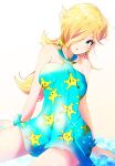  1girl bare_shoulders blonde_hair blue_eyes blush breasts cleavage crown dress earrings hair_over_one_eye highres indisk_irio jewelry long_hair looking_at_viewer mario_(series) mario_kart rosalina simple_background solo star_(symbol) super_mario_galaxy swimsuit 