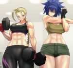  2girls abs anagumasan antenna_hair bare_shoulders blonde_hair blue_eyes blue_hair braid breasts cammy_white cleavage earrings gloves highres jewelry large_breasts leona_heidern long_hair looking_at_viewer midriff multiple_girls muscular muscular_female navel ponytail scar shorts simple_background street_fighter street_fighter_ii_(series) tank_top the_king_of_fighters twin_braids 