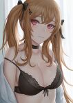  1girl :3 bangs bare_shoulders black_bow black_bra black_choker blush bow bra breasts brown_hair choker cleavage closed_mouth collarbone eyebrows_visible_through_hair girls&#039;_frontline hair_bow hair_ornament highres large_breasts long_hair looking_at_viewer off_shoulder red_eyes scar scar_across_eye selcky smile solo twintails ump9_(girls&#039;_frontline) underwear upper_body 