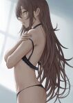  1girl bangs black_bra black_choker black_panties bra brown_hair choker covering covering_breasts from_side girls&#039;_frontline highres long_hair looking_at_viewer panties parted_lips scar scar_across_eye selcky solo ump45_(girls&#039;_frontline) underwear yellow_eyes 