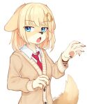  1girl animal_ears blonde_hair blue_eyes bob_cut brown_nails collared_shirt dog_ears dog_girl dog_tail eyebrows_visible_through_hair fang fingernails furrification furry hair_ornament hands_up hololive hololive_english jacket jitome long_fingernails long_sleeves looking_at_viewer medium_hair monsterification necktie open_mouth paws red_neckwear shirt simple_background solo sweater_jacket tail upper_body watson_amelia white_background white_shirt wing_collar yoako 