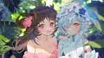  2girls ahoge animal_ears arknights bahao_diqiu blue_hair blurry blush breasts brown_hair cleavage collarbone depth_of_field eyjafjalla_(arknights) eyjafjalla_(summer_flowers)_(arknights) flower hair_flower hair_ornament head_wreath highres horns large_breasts long_hair looking_at_viewer multicolored_hair multiple_girls official_alternate_costume open_mouth pink_swimsuit plant portrait red_flower sheep_ears sheep_girl sheep_horns shirt streaked_hair sweat swimsuit tomimi_(arknights) tomimi_(silent_night)_(arknights) white_flower white_hair white_shirt yellow_eyes 