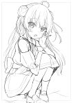  1girl absurdres ahoge bangs blush bow clothing_cutout collared_dress commentary_request copyright_request double_bun eyebrows_visible_through_hair greyscale hair_between_eyes highres loafers long_hair looking_at_viewer monochrome okota_mikan open_mouth puffy_short_sleeves puffy_sleeves shoes short_sleeves shoulder_cutout socks solo squatting two_side_up upper_teeth very_long_hair white_background 
