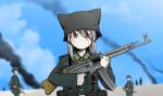  1girl animal_ears_helmet assault_rifle blood blood_on_face bruise cloud eyes_visible_through_hair gun hat helmet injury jacket long_hair military military_uniform mrxinom multiple_boys original red_eyes rifle scratches sky smoke_trail soldier stg44 uniform weapon world_war_ii 