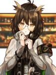  1girl ahoge arknights armband black_shirt blush brown_hair buttons coat feather_hair hands_up highres id_card looking_at_viewer orange_eyes parted_lips rhine_lab_logo semi-rimless_eyewear shirt short_hair silence_(arknights) solo sweatdrop tsukiao twitter_username under-rim_eyewear upper_body white_coat 